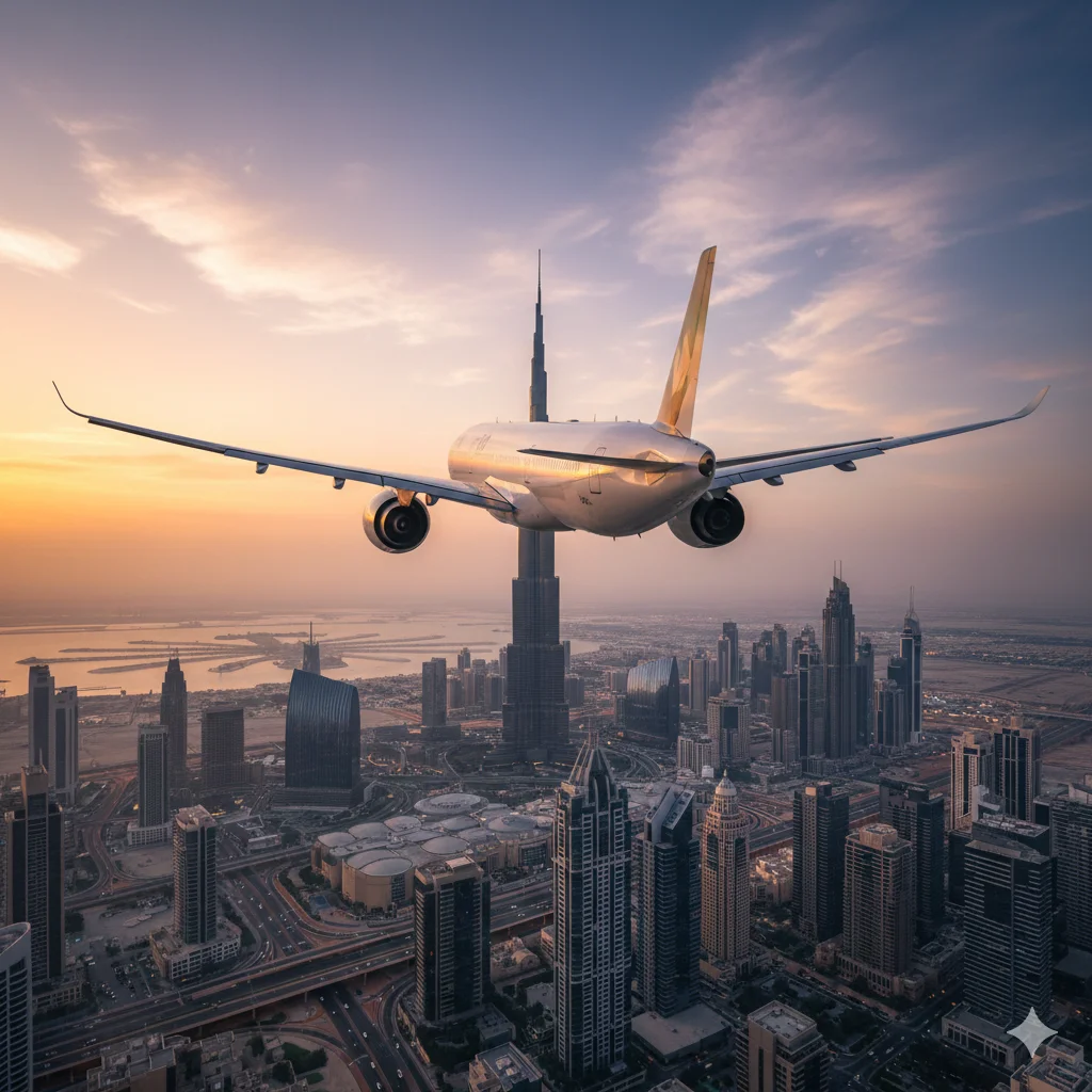 Panorama Dubaju z luksusowymi budynkami, symbolizująca nagrodę w programie poleceń SHS.